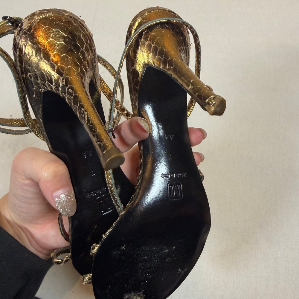 Bruno Magli Gold Metallic Snake Print Stiletto Strappy Heels Sandals - Size 7 - Picture 6 of 8